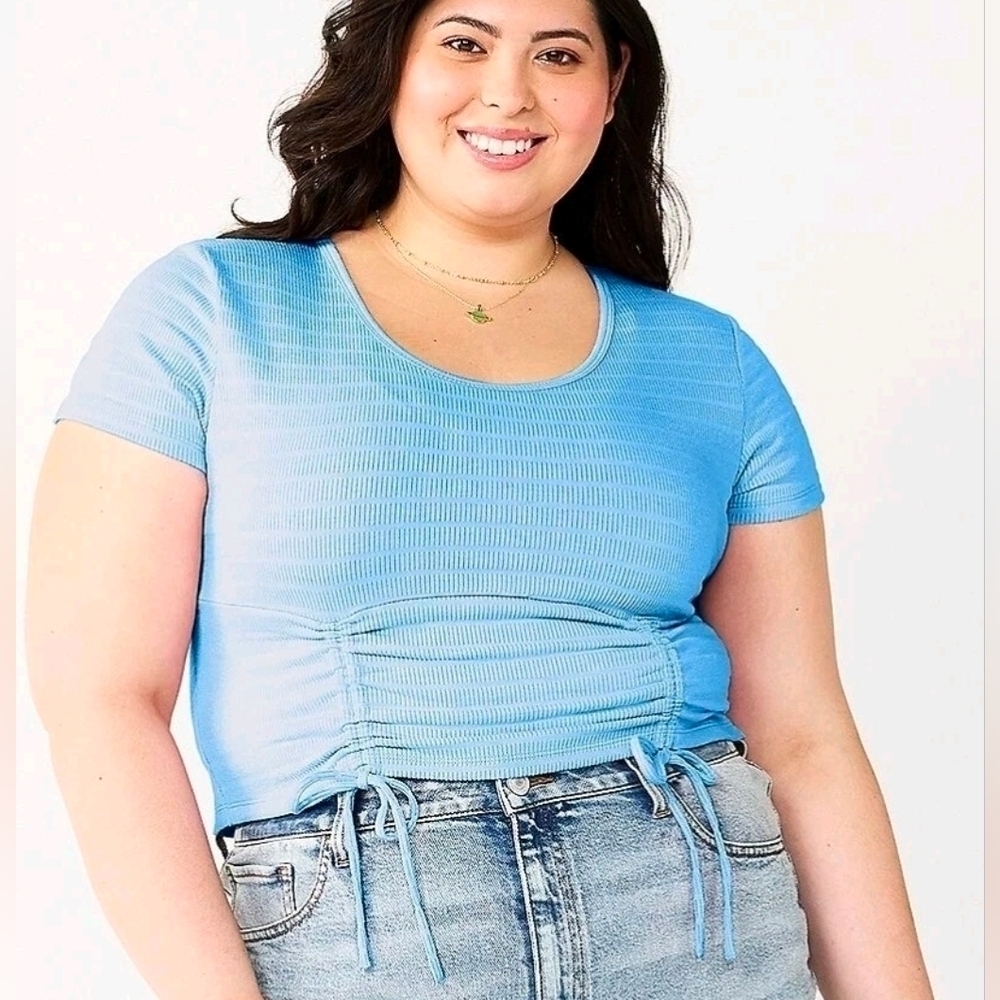 SO Cinch Front Cropped Top 2X River Blue Women's Juniors Plus NWT